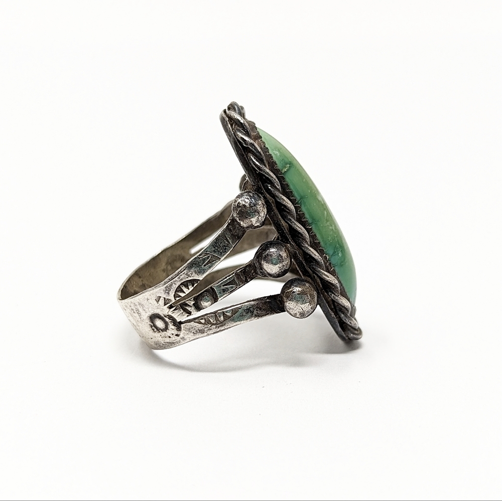 Vintage sterling silver 925 oval green stone rope ring southwest native - Picture 6 of 8